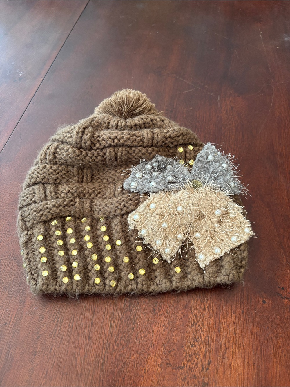 Source Unknown Brown Knit Kids Beanie with Pom and Bow Accents